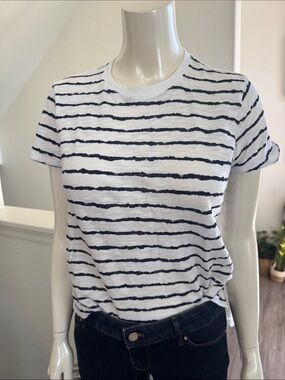 ATM Anthony Thomas Melillo White and Navy Striped Crewneck Tee